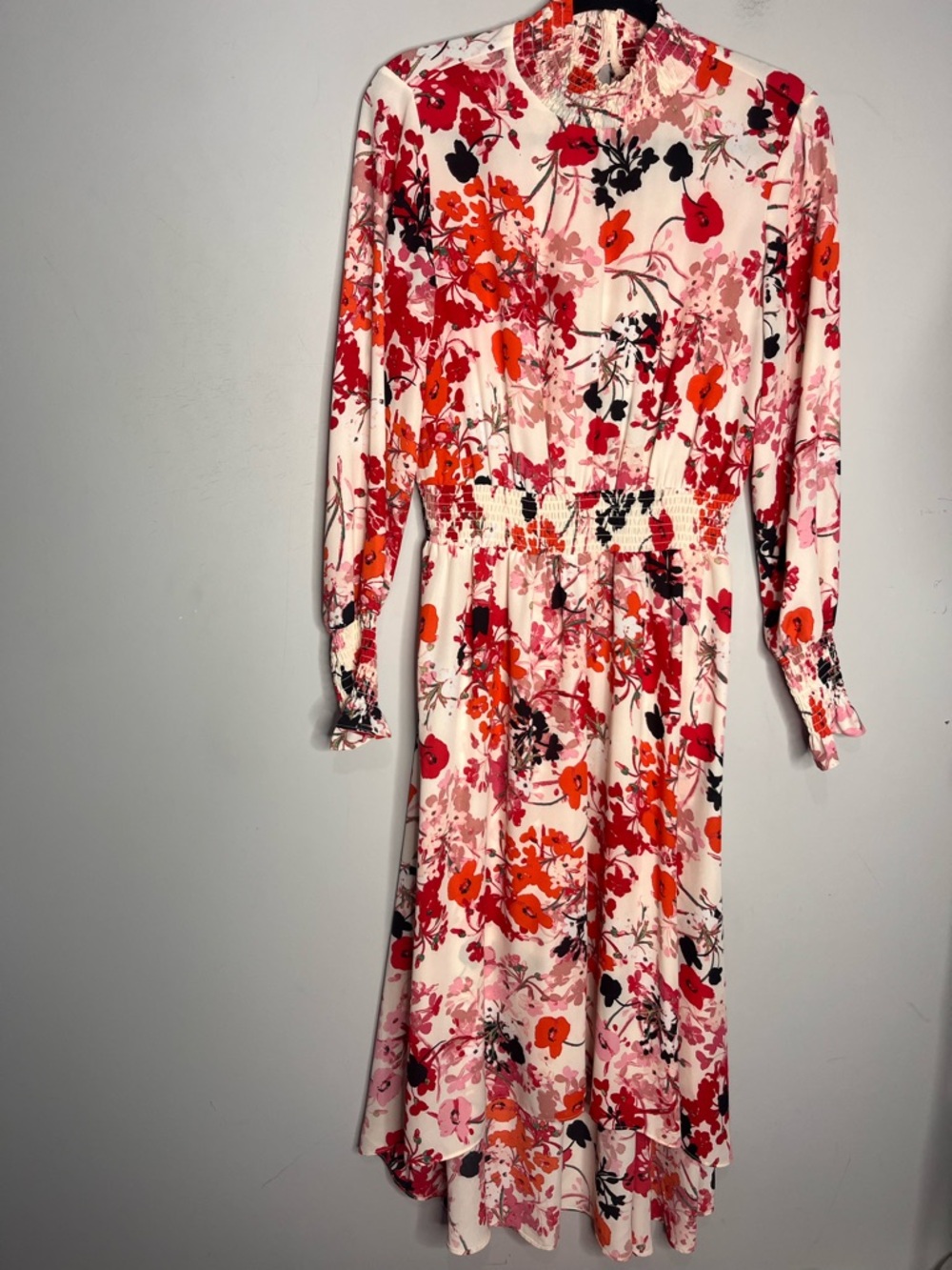 Nanette Lepore Long Sleeve High-Low Smocked Mockneck Floral Pink Dress Size 6 - Picture 3 of 14